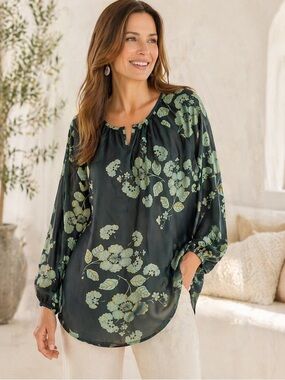 Sundance 100% Silk Floral Long Sleeve Green Boho Tunic*